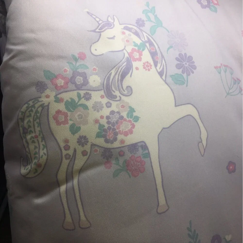 5pc Nicole Miller Unicorn FULL QUEEN Comforter Sham 2 Pillows Set Floral Purple